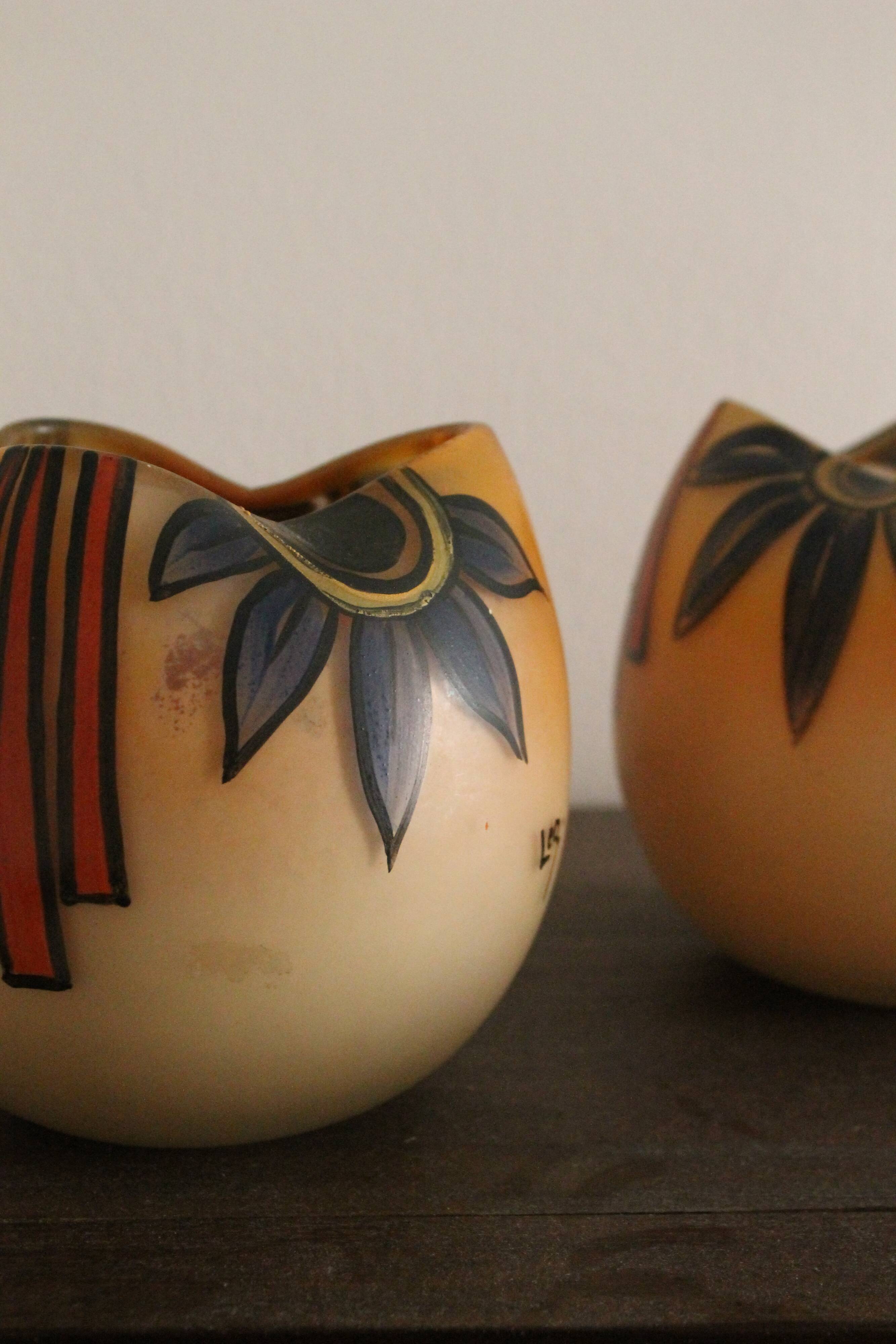 Pair of Legras Art Deco ball vases with orange tree decoration