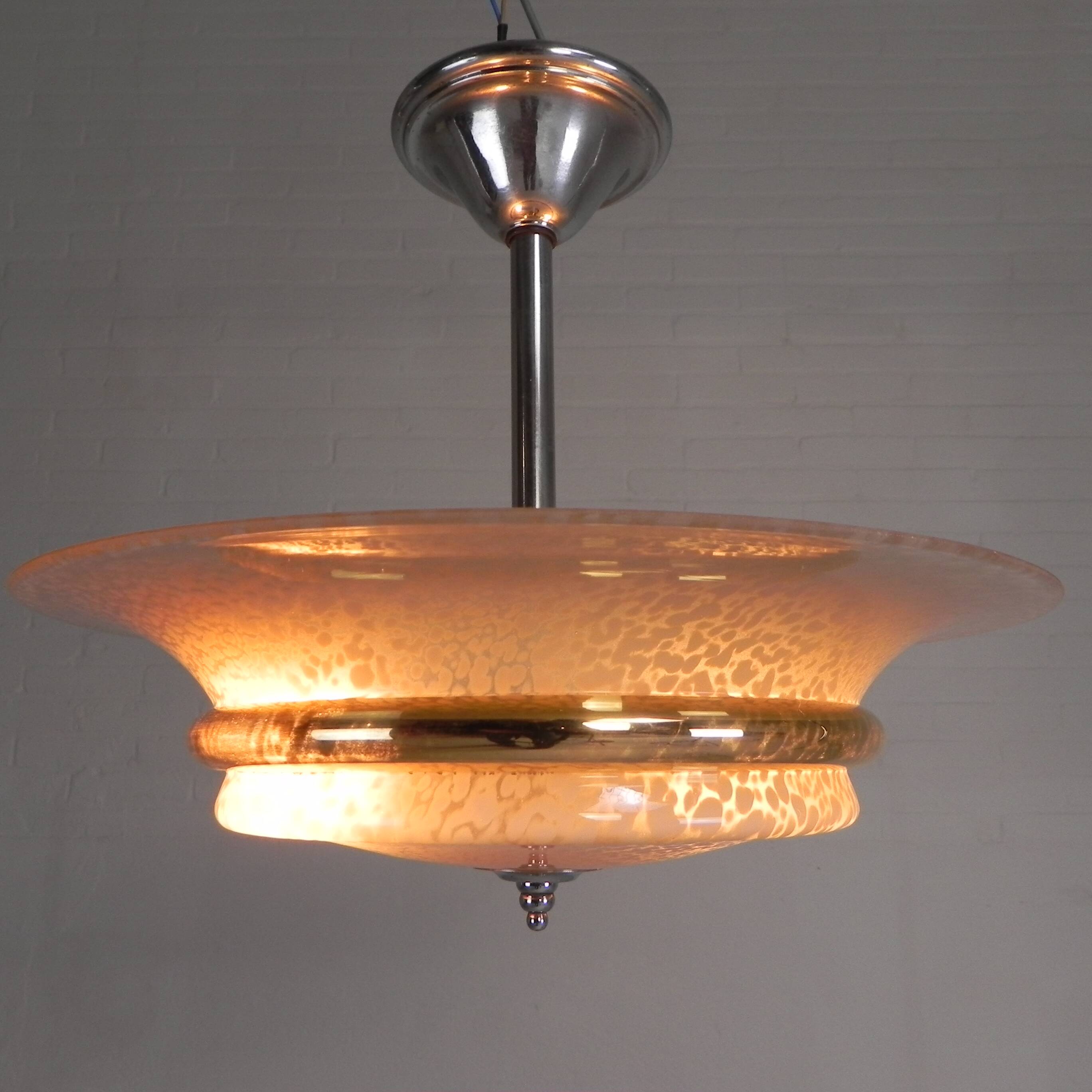Art Deco suspension with cloudy glass shade and gold band, 1930s