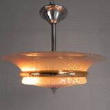 Art Deco suspension with cloudy glass shade and gold band, 1930s