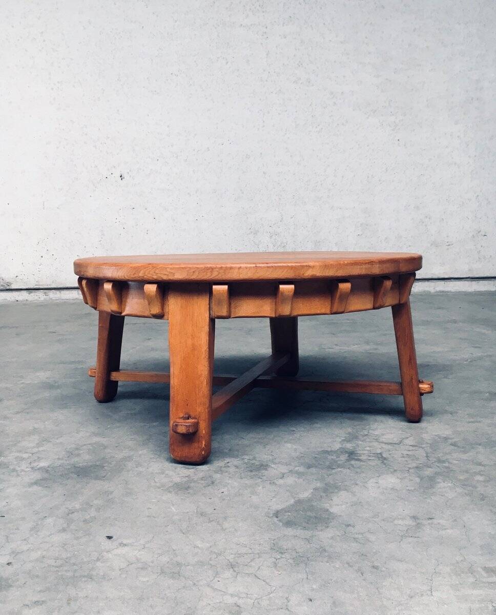 Brutalist Handcrafted Oak Coffee Table, Netherlands, 1950s