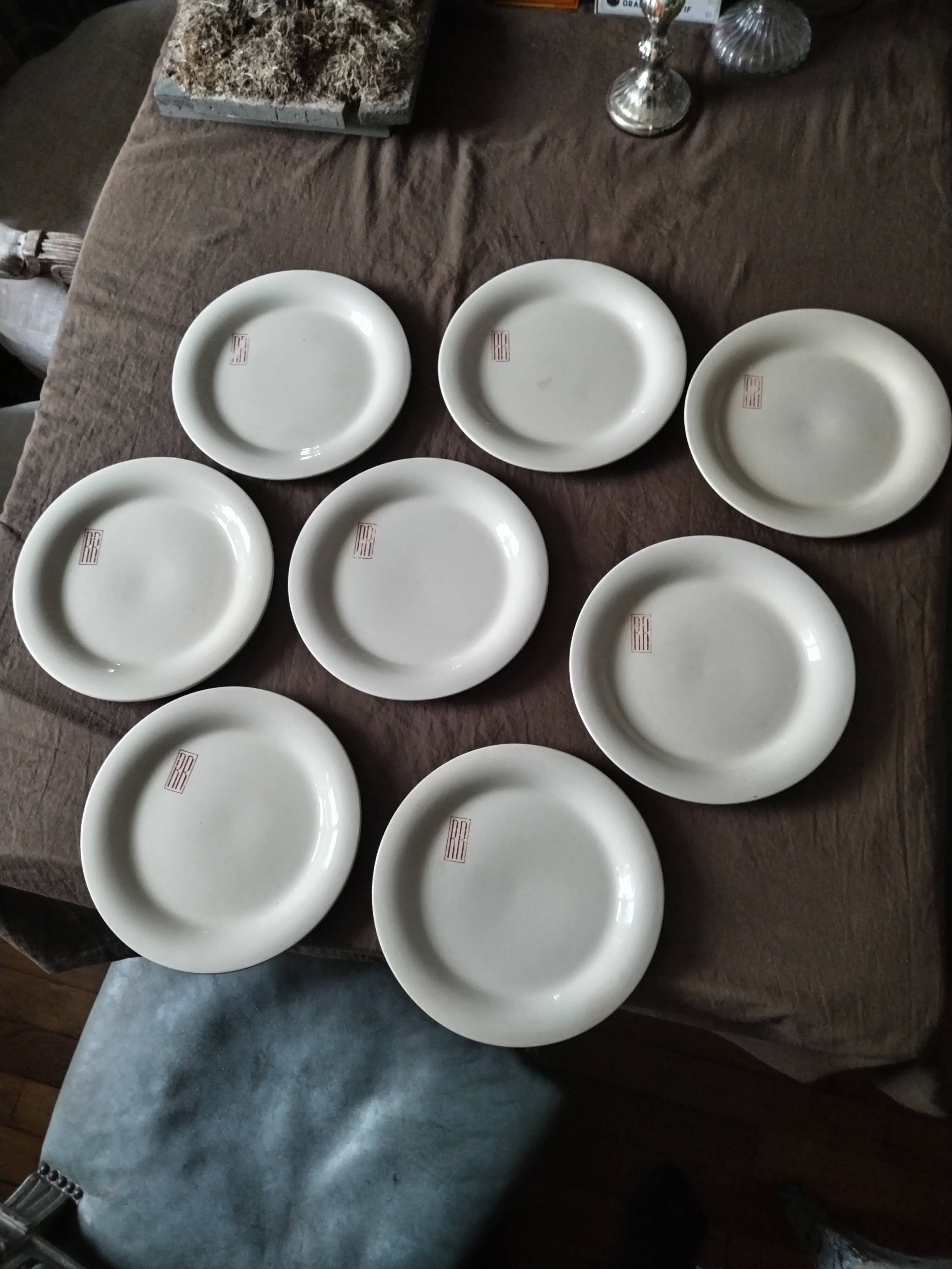 8 Longwy earthenware hotel plates 19th century initials RR