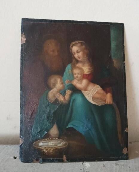 Peinture ancienne sur cuivre - Sainte Famille -
