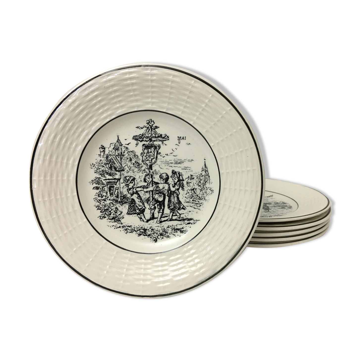 Set Of 6 Dessert Plates Representing 6 Months Of The Year. "Digoin Sarreguemines"