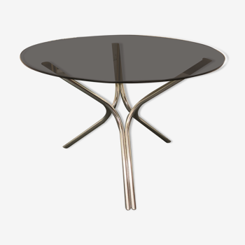 Table ronde vintage 1970 pied chromé plateau en verre fumé 70