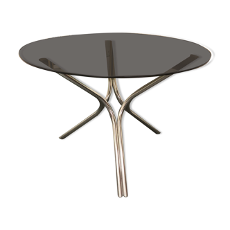 Vintage round table 1970 chrome foot smoked glass top 70