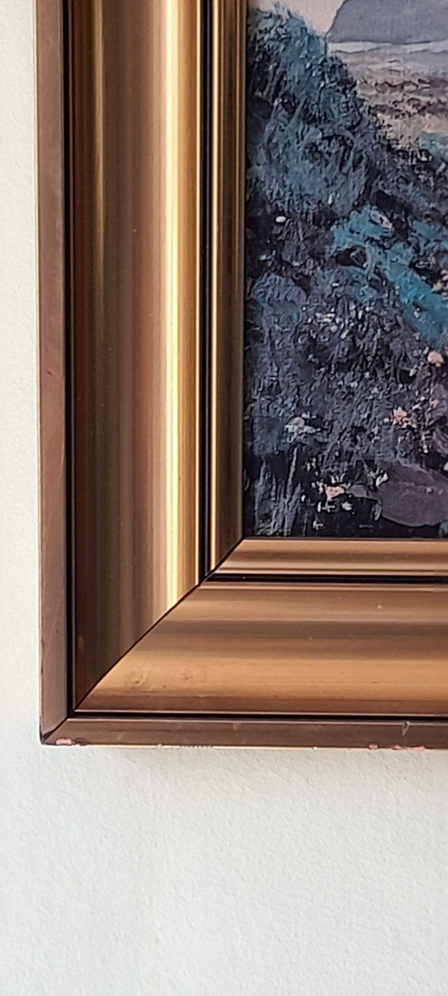 Painting landscape tree and river, golden frame, signature to identify