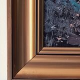 Painting landscape tree and river, golden frame, signature to identify