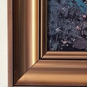 Painting landscape tree and river, golden frame, signature to identify