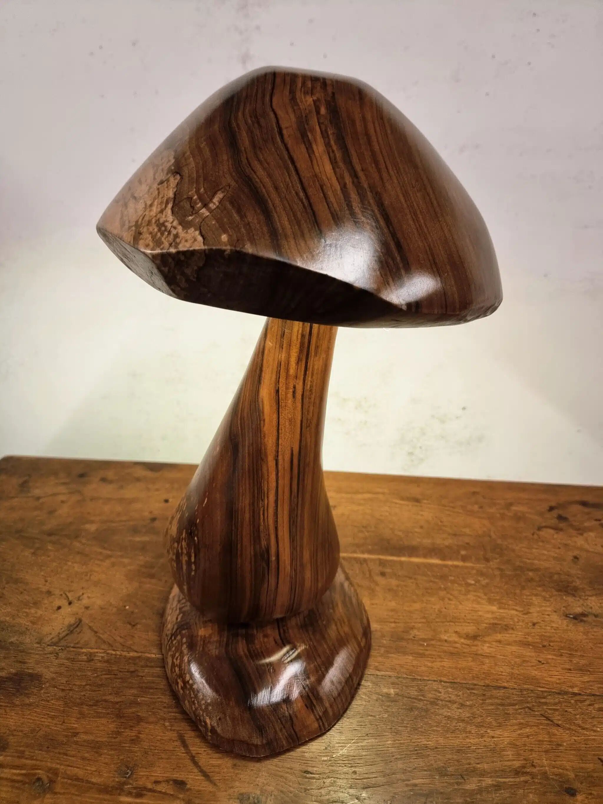 Hand-carved wooden mushroom table lamp with integrated LED