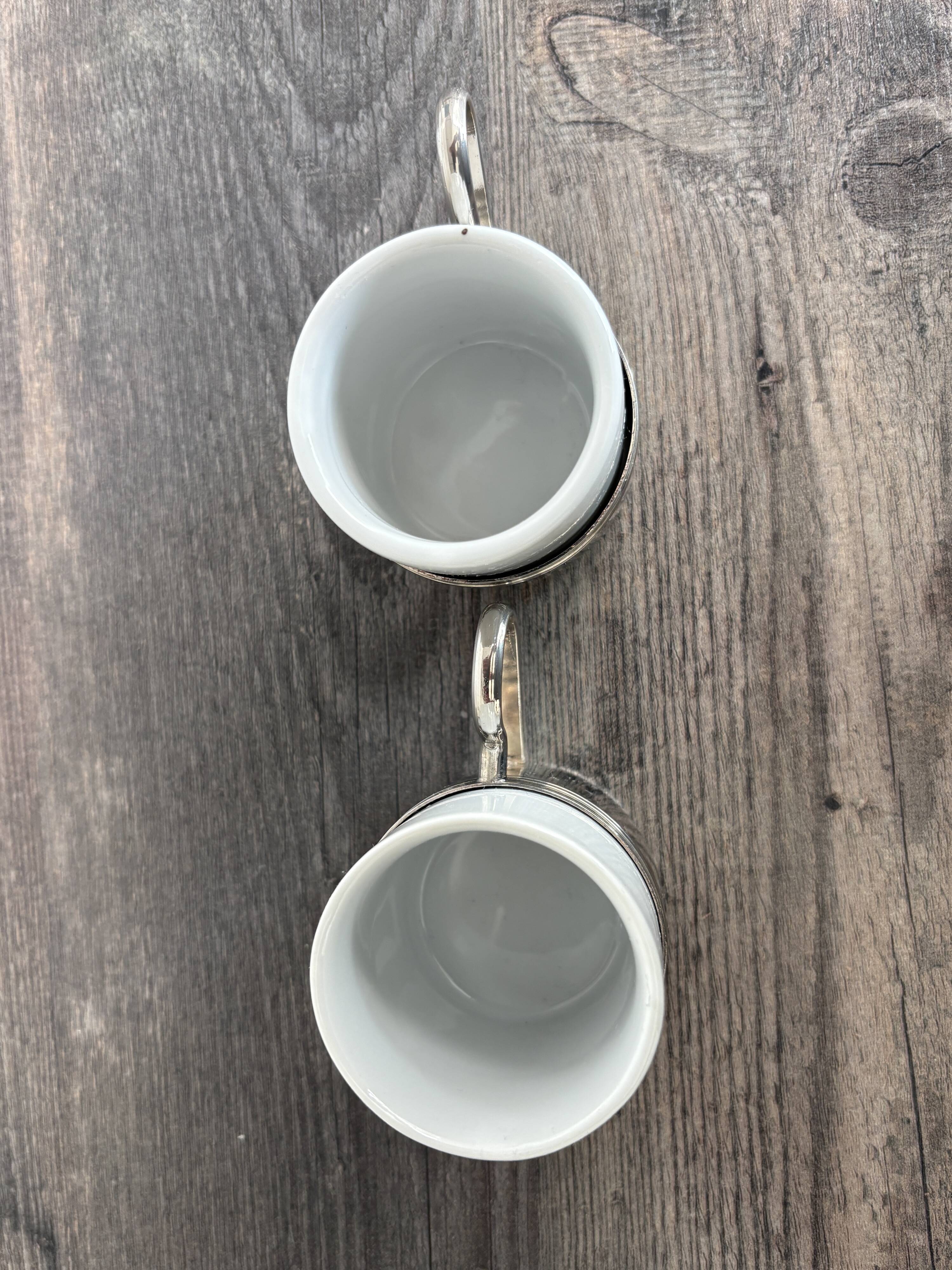 Set of 2 vintage porcelain cups with silver metal stand
