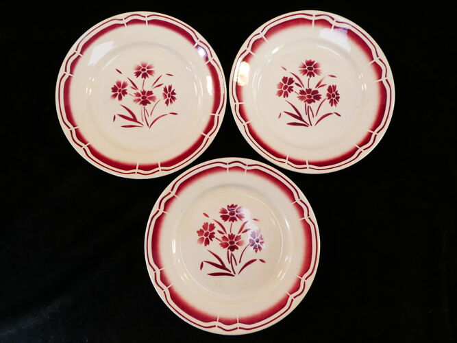 12 assiettes plates en faience de badonviller fb fenal freres décor fleur rouge
