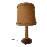 Art Deco lamp in carved wood and jute