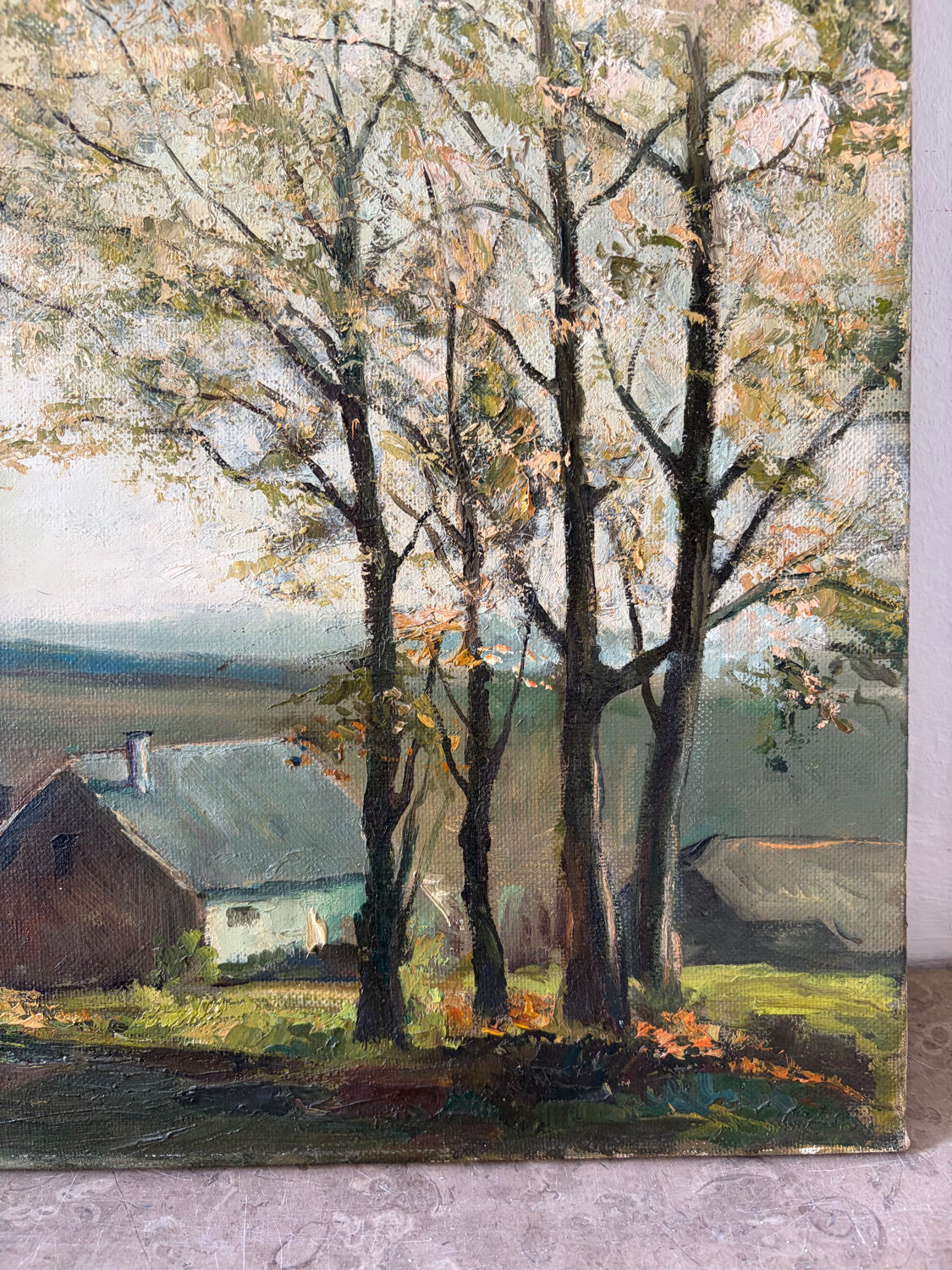 Paysage avec église, huile sur toile signé Guy Dirickx