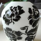 Asian-inspired opaline glass vase, with black floral motifs inclusions