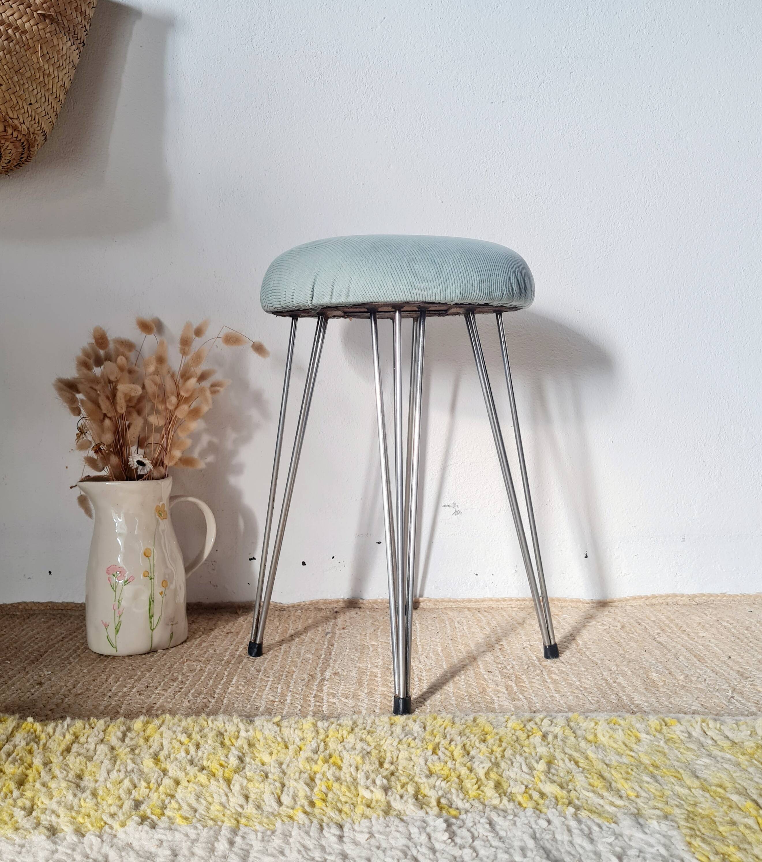 Vintage 1950s stool, metal tapered legs and velvet.