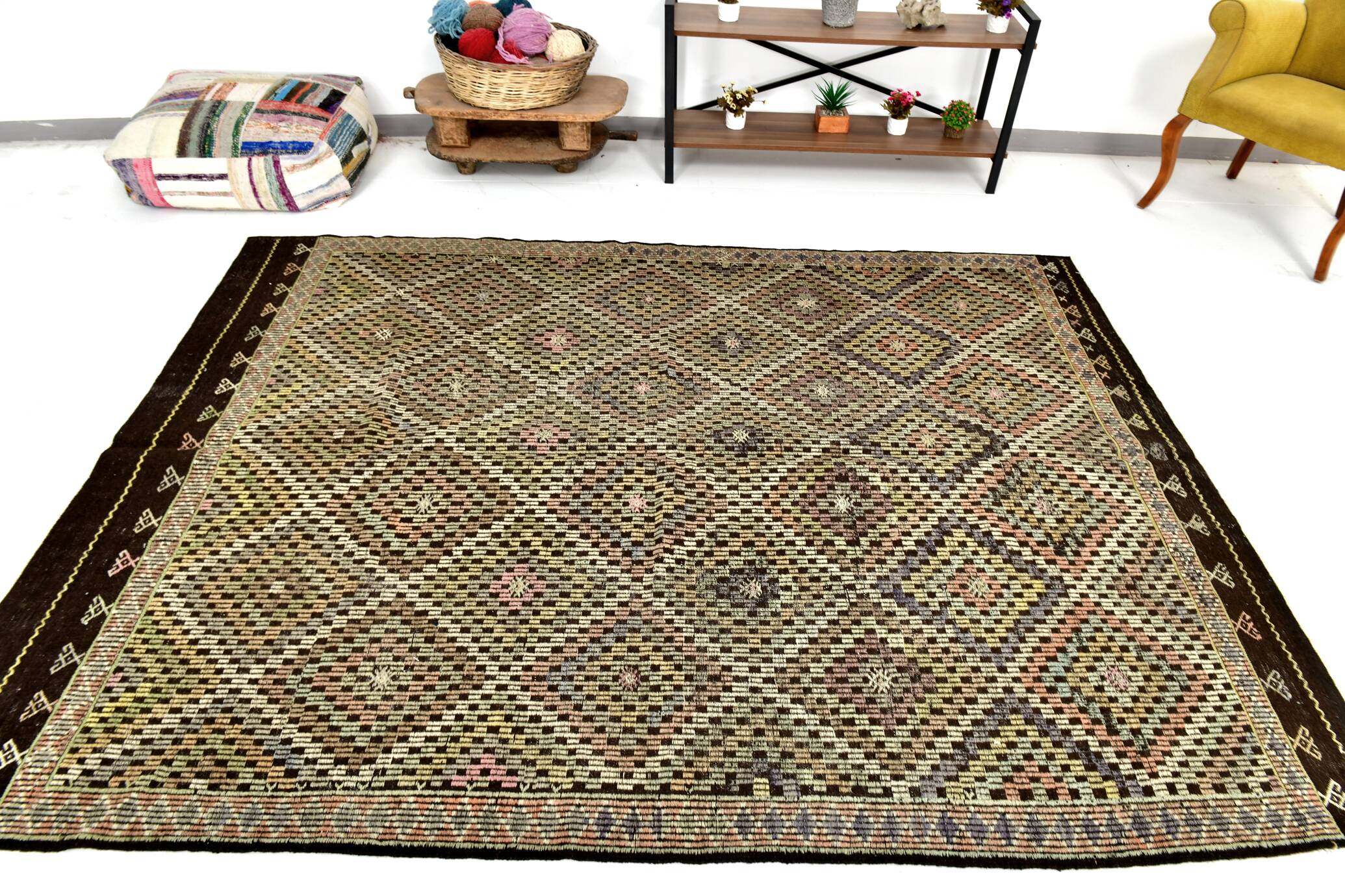 6x9 Yellow Brown Vintage Kilim Rug 199x264Cm