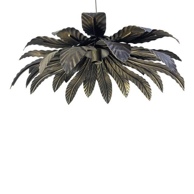 Contemporary Florentine Wrought Iron Brunito and Gold Leaves Pendant