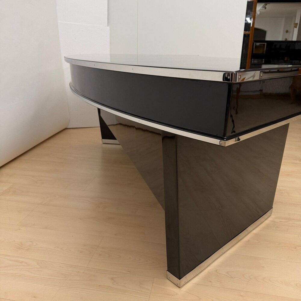 Art Deco desk in black lacquer, walnut & metal, France, 1950