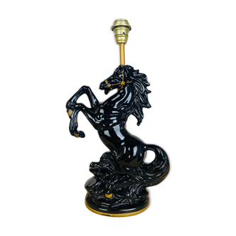 Pied de lampe cheval céramique noire et doré