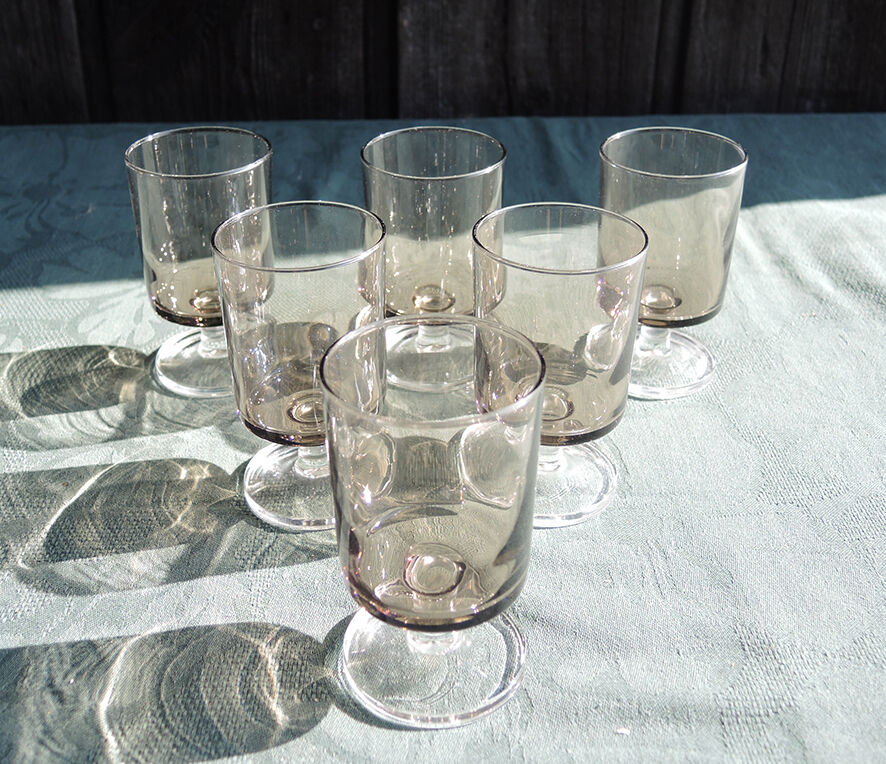 6 Old Luminarc Smoked Foot Glasses H11.5 cm