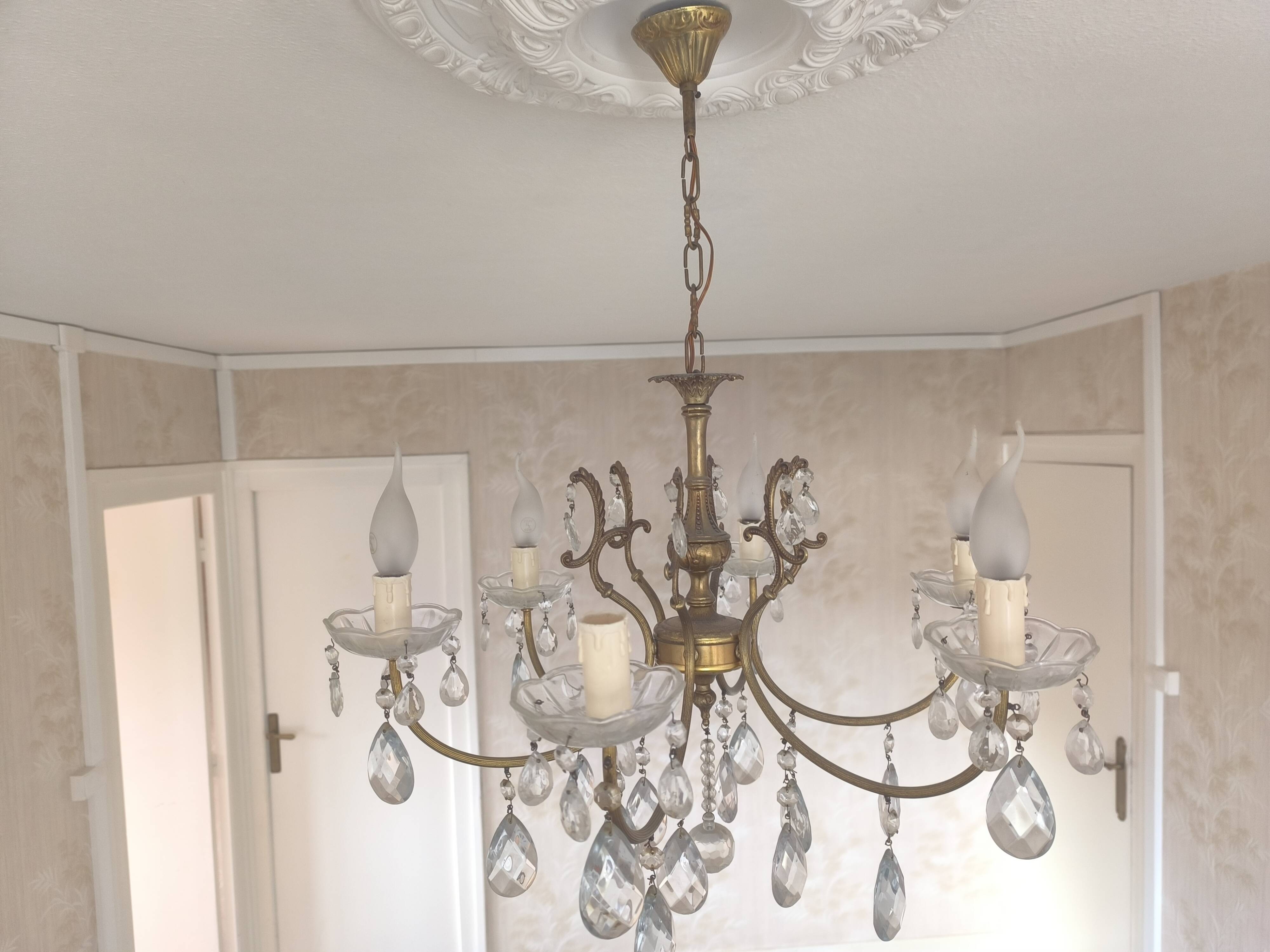 Vintage brass and crystal pendant chandelier with 6 lights