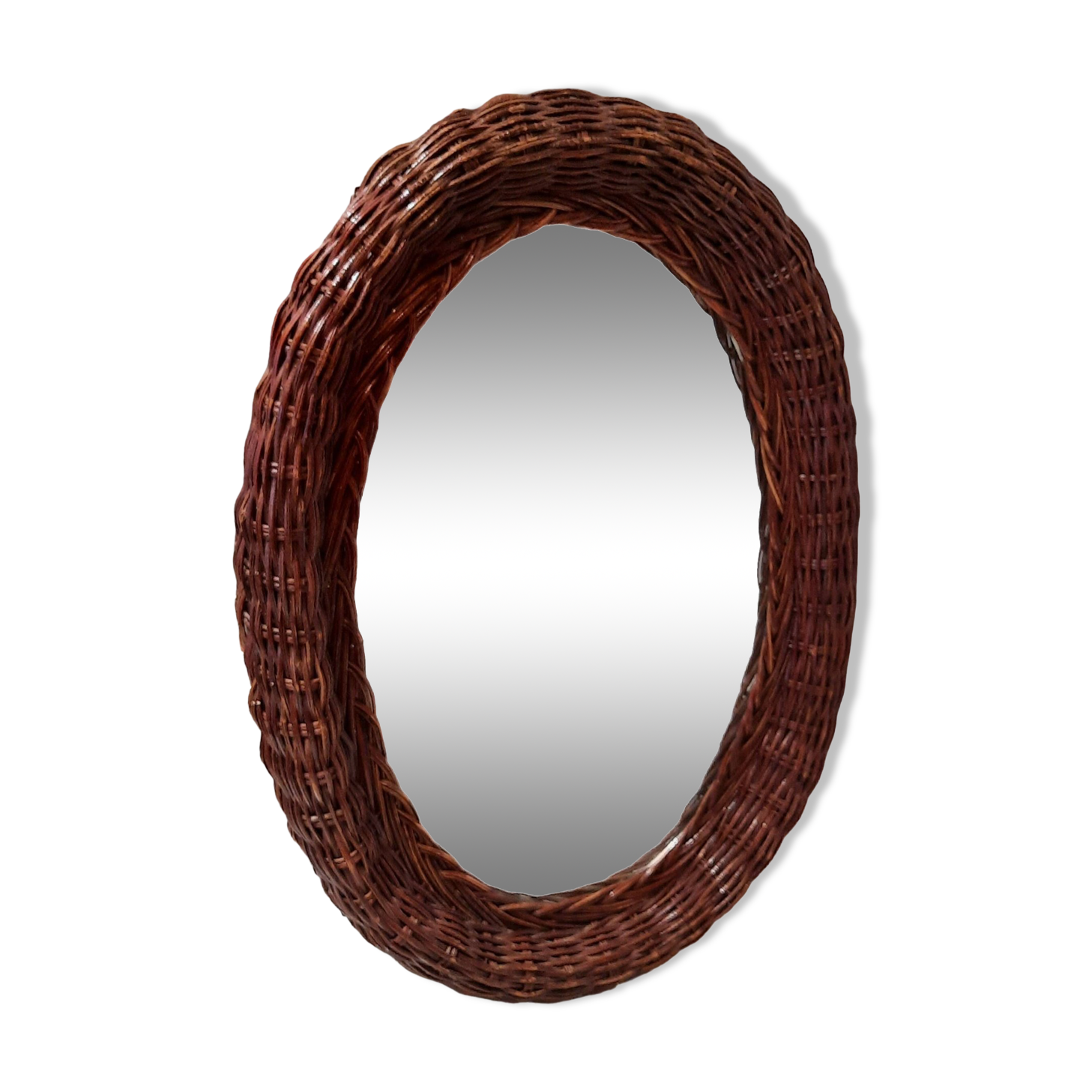 Vintage woven wicker oval mirror