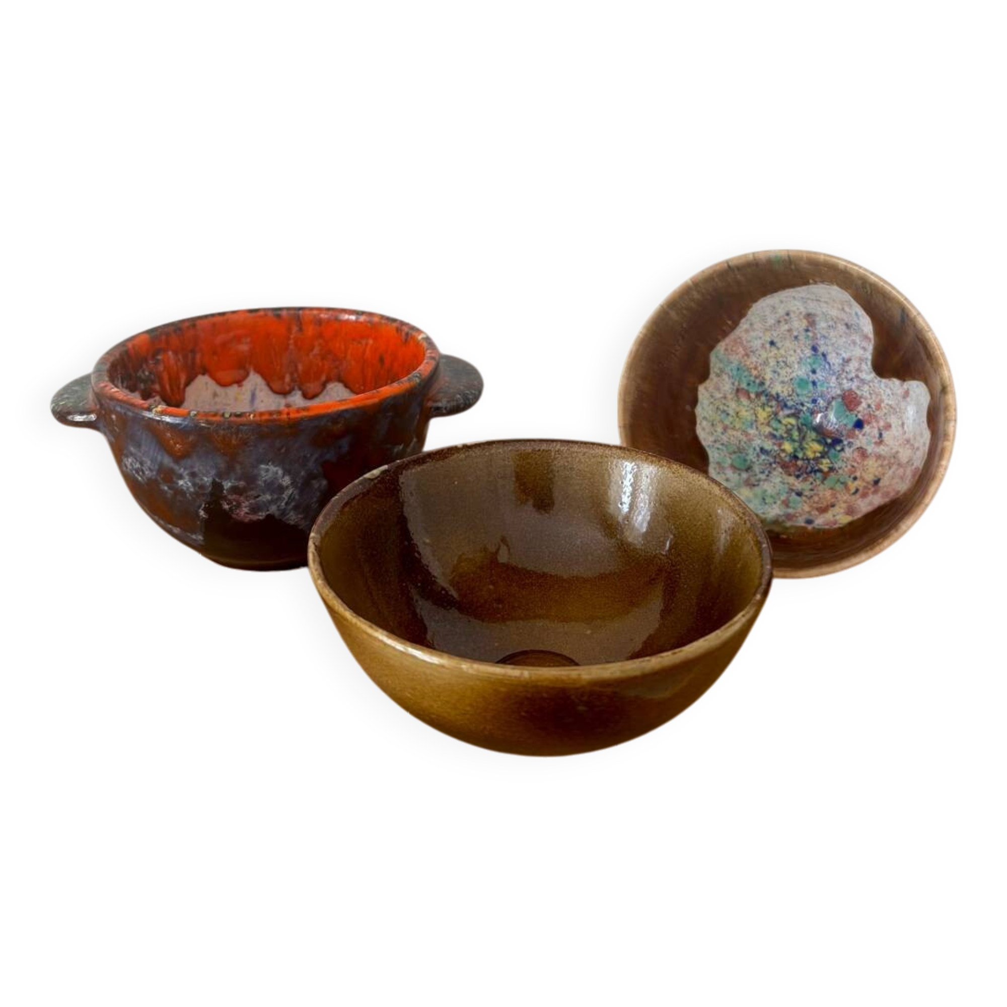 Vintage set of 3 glazed stoneware bowls Morvan pottery and other signature to iden