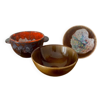 Vintage set of 3 glazed stoneware bowls Morvan pottery and other signature to iden