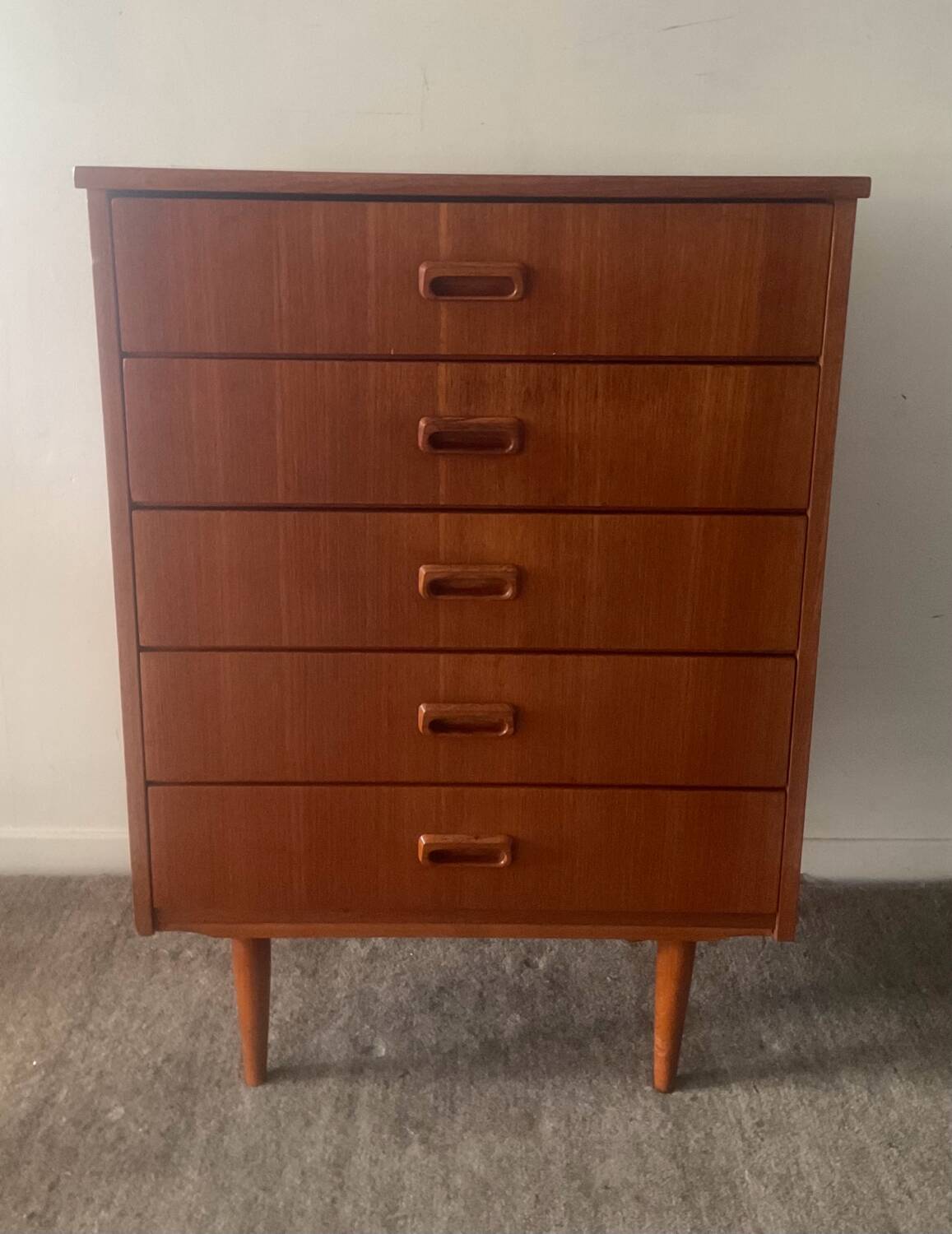 Danish teak chiffonier chest of drawers with 5 drawers