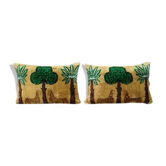 Tiger design ikat velvet pillow, set of two silk lumbar cushion cover, pair animal lumbar pillows, t