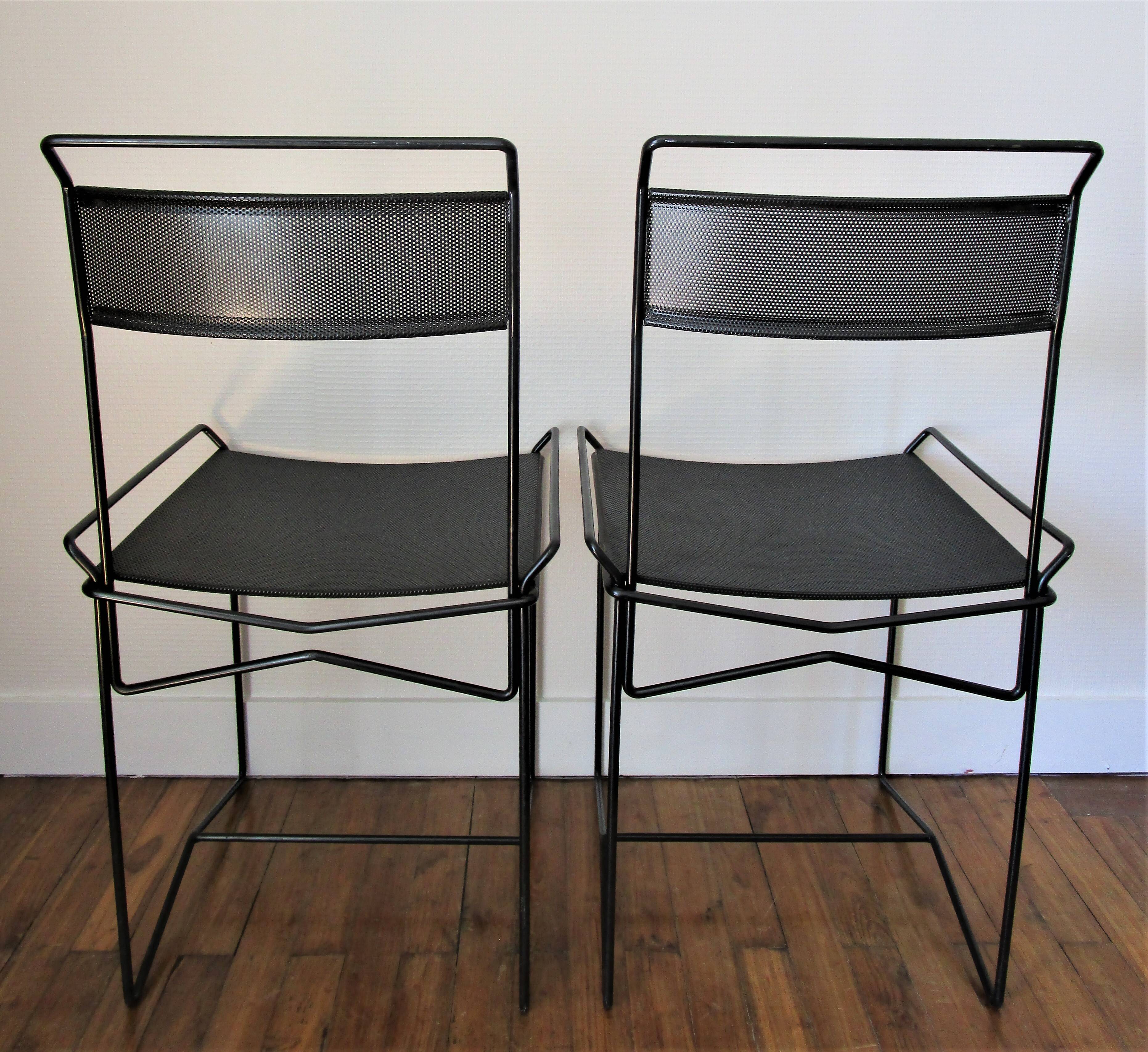Pair of perforated metal steel chairs from the 80s