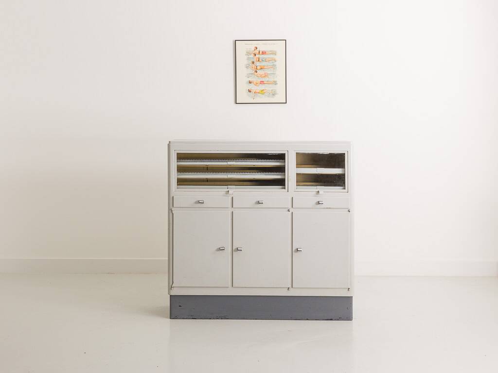 Industrial metal trade furniture equipped with display cases