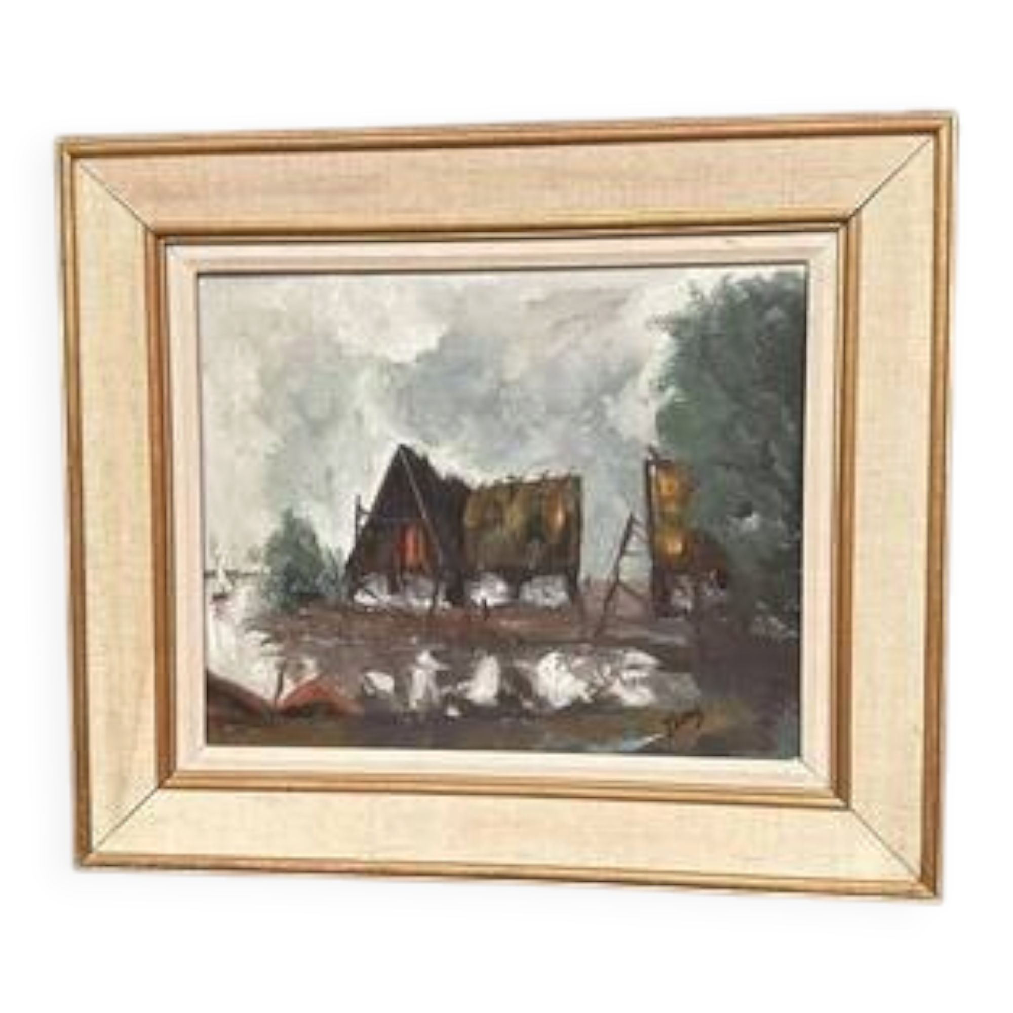 Original Swedish Oil on Panel – “Cabin by the Water” by Jeams – Signed