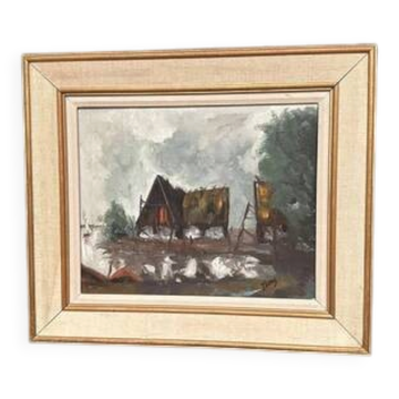 Original Swedish Oil on Panel – “Cabin by the Water” by Jeams – Signed