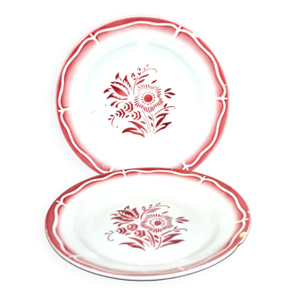 Set of 2 vintage earthenware plates from sarreguemines red flower stencil decoration