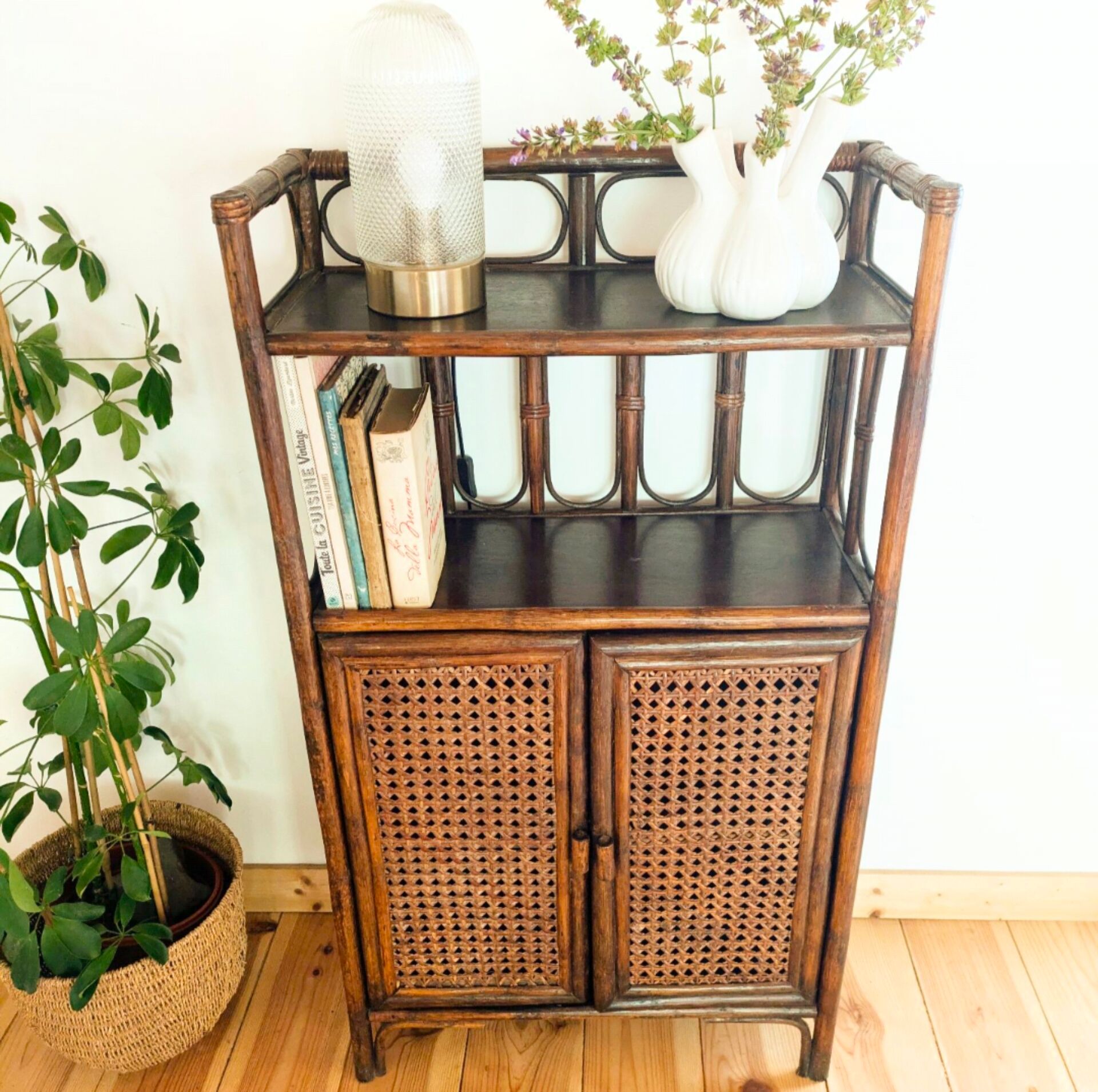 Rattan and cane bookshelf shelf