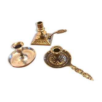 Lot of 3 brass and silver metal candlesticks