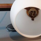 Two-light wall lamp in teak, gilded brass and white opaline Maison Lunel 1960.