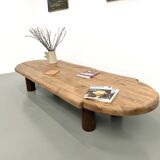 XXL oval coffee table in solid oak, cylindrical base, 1950s.