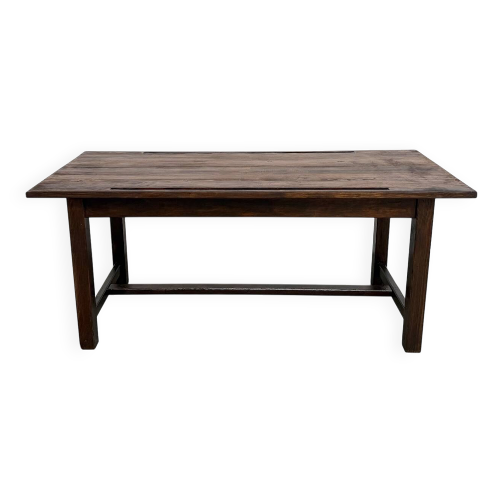 Solid pine workbench, grooved top, satin brown finish. | Selency