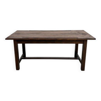 Solid pine workbench, grooved top, satin brown finish.