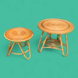 Pair of rattan tripod coffee tables 1950