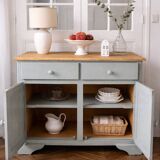 Compact buffet re-enchanted in grey-green, wooden top.