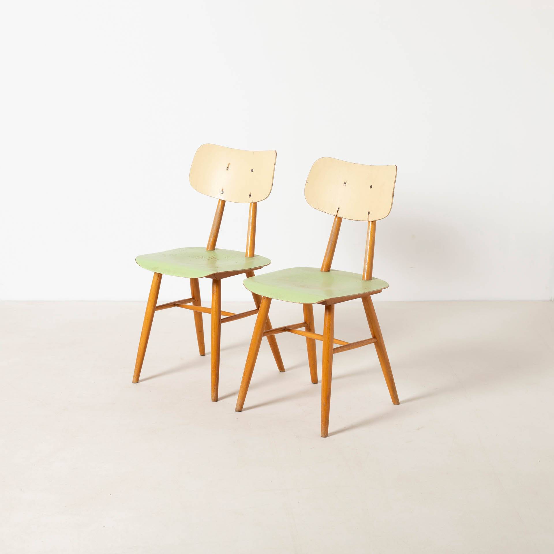 Set of 2 midcentury dining chairs from TON, green painted plywood, 1960S