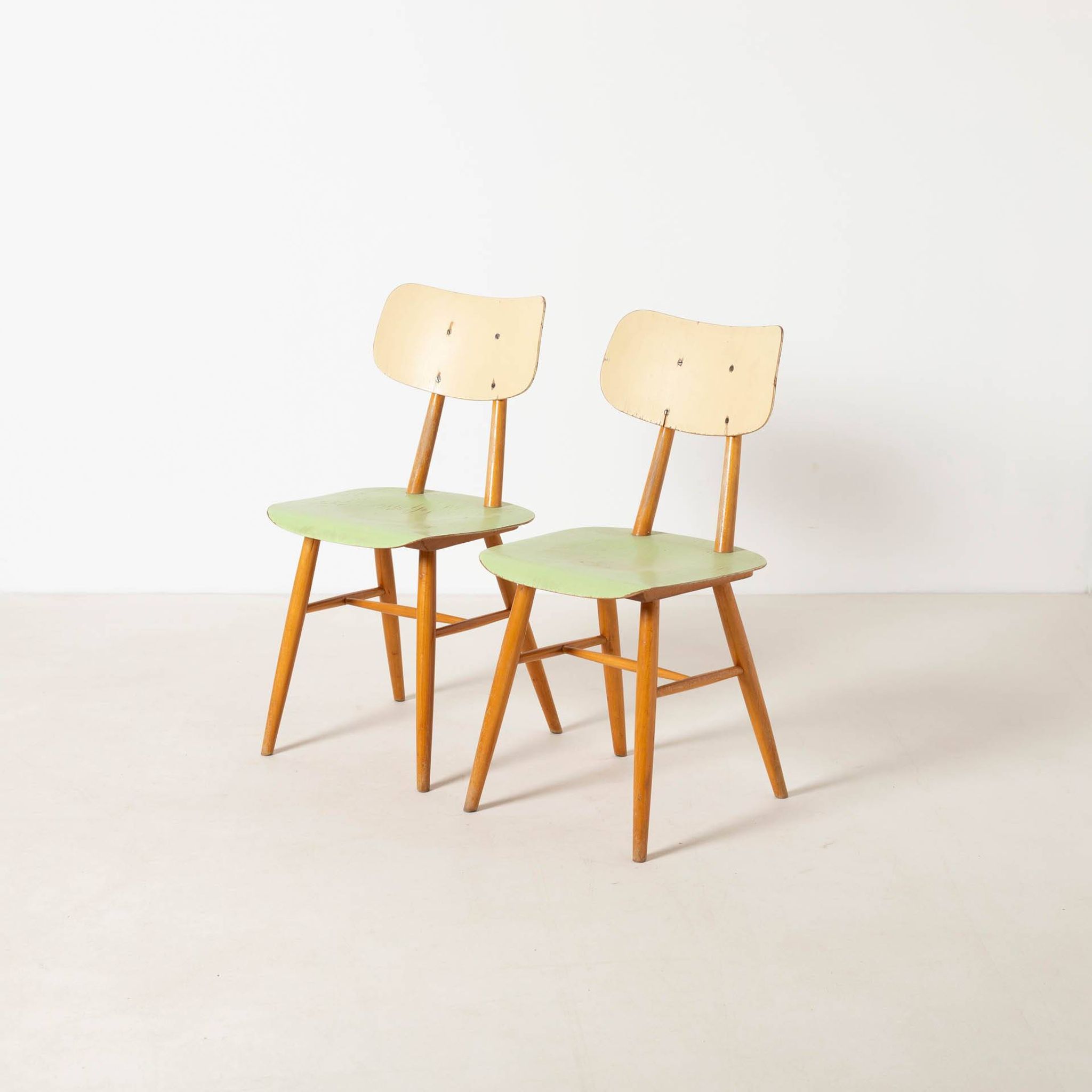 Set of 2 midcentury dining chairs from TON, green painted plywood, 1960S