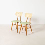 Set of 2 midcentury dining chairs from TON, green painted plywood, 1960S