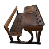 Ancien bureau pupitre d'écolier vintage en bois deux places
