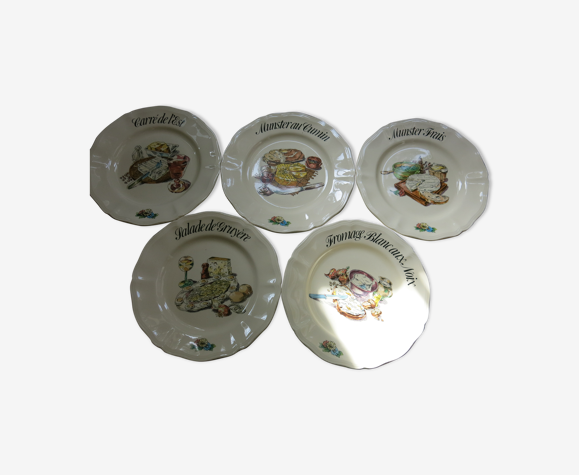 5 assiettes à fromages de la manufacture Sarreguemines "Les bonnes recettes d'Alsace