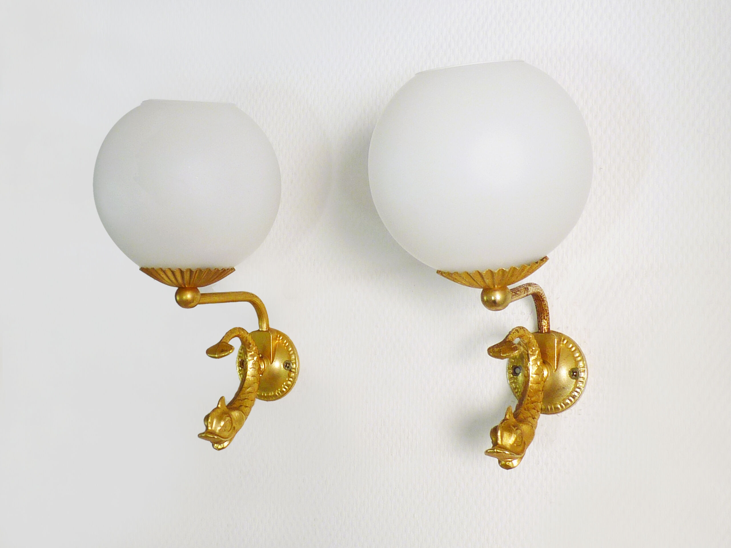 Pair of wall lamps with carp fish, brass and white opaline globe 1960