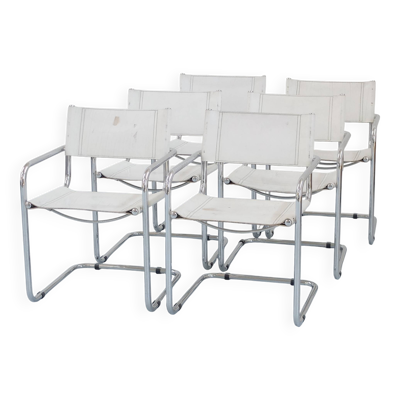 6 chaises Fasem Italia chrome et cuir blanc